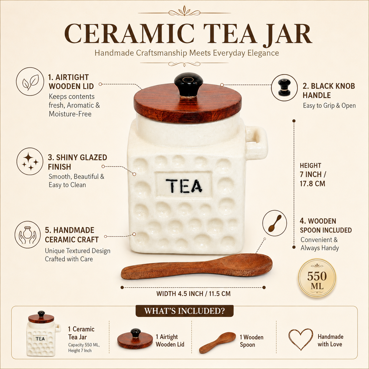 Premium Ceramic Tea Flask Jar with Wooden Lid & Spoon | Tea Storage Container for Kitchen | Aesthetic Tea Canister