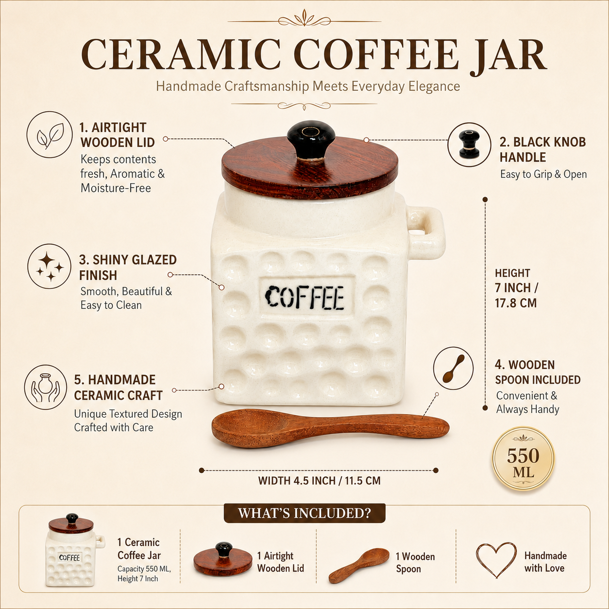 Premium Ceramic Coffee Flask Jar with Wooden Lid & Spoon | Coffee Storage Container for Kitchen | Aesthetic Coffee Canister