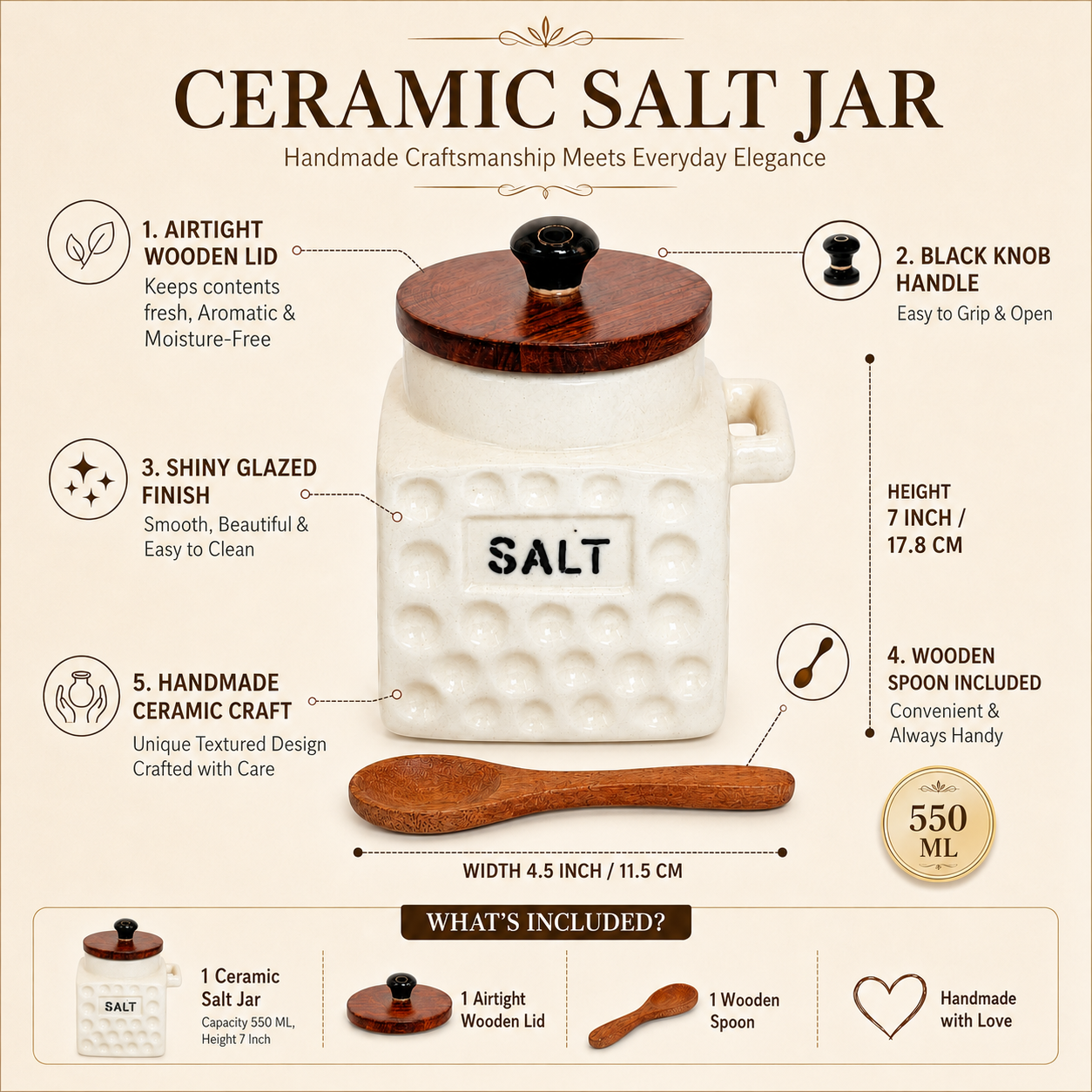 Premium Ceramic Salt Flask Jar with Wooden Lid & Spoon | Salt Storage Container for Kitchen | Aesthetic Ceramic Canister