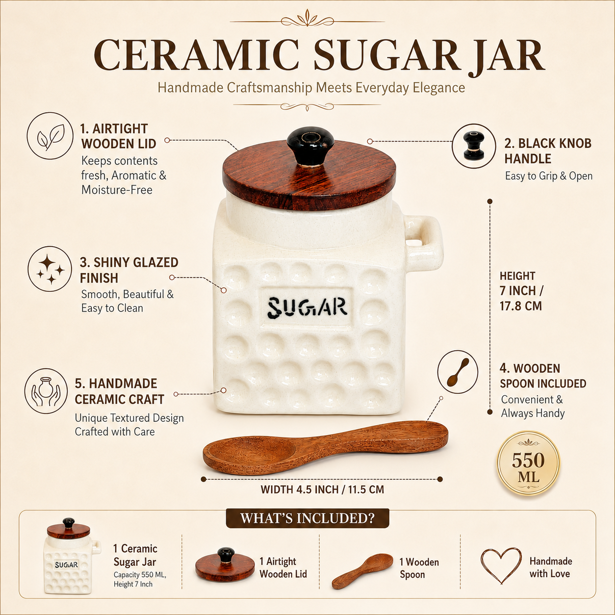Premium Ceramic Flask Jar with Wooden Lid & Spoon | Kitchen Storage Container for Sugar | Single Piece