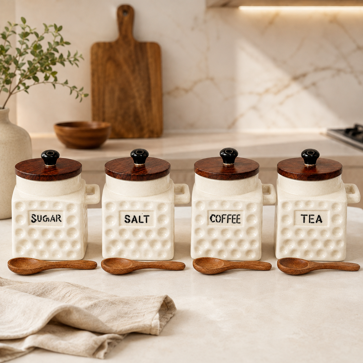 Premium Ceramic Coffee Flask Jar with Wooden Lid & Spoon | Coffee Storage Container for Kitchen | Aesthetic Coffee Canister