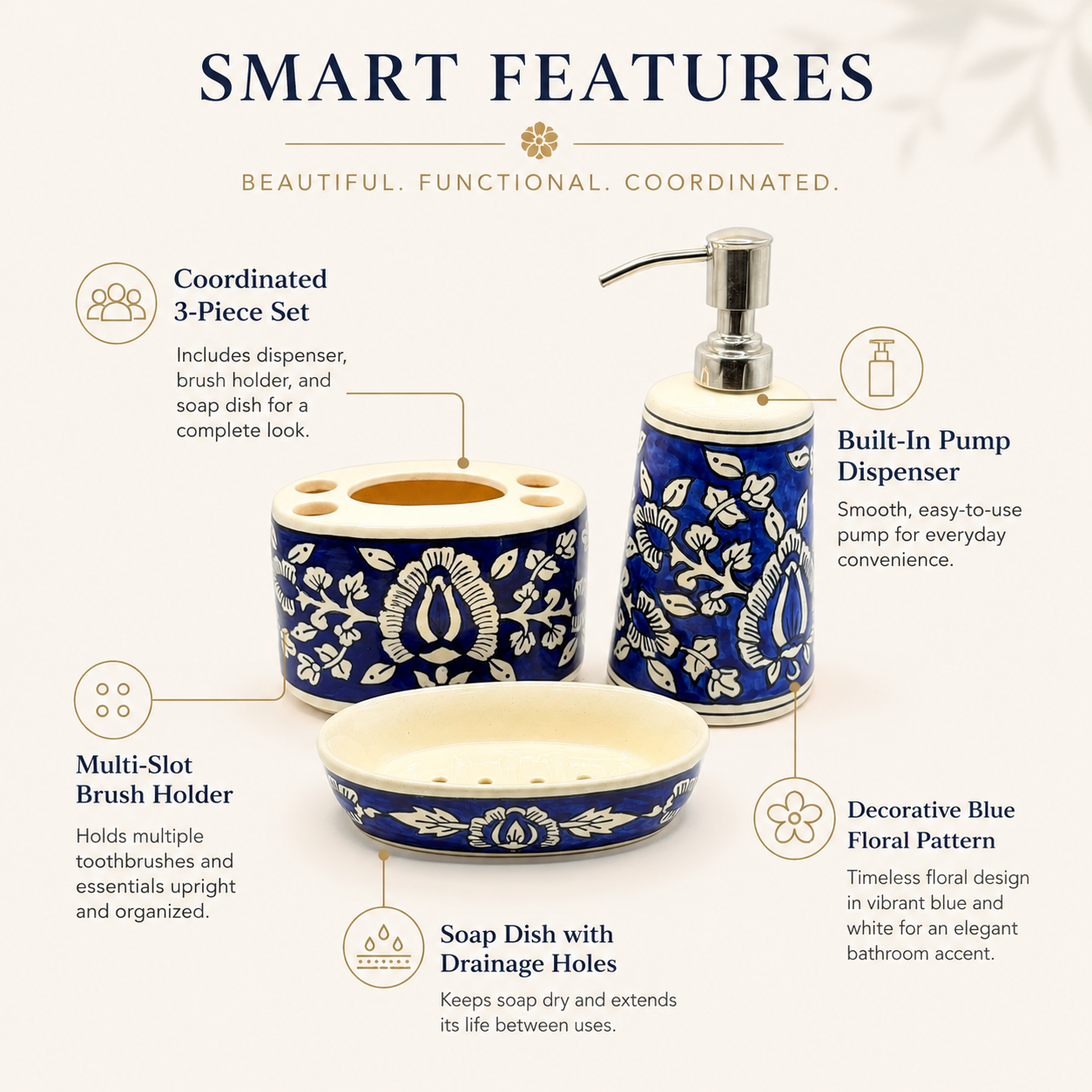 Blue Floral Ceramic Bathroom Accessory Set | 3 Piece Soap Dispenser, Brush Holder & Soap Case