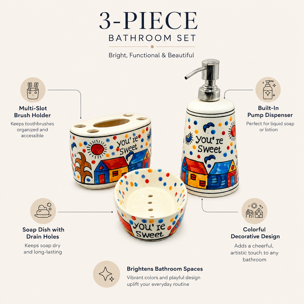 You’re Sweet Ceramic Bathroom Set | 3 Piece Cute Bathroom Accessories with Soap Dispenser