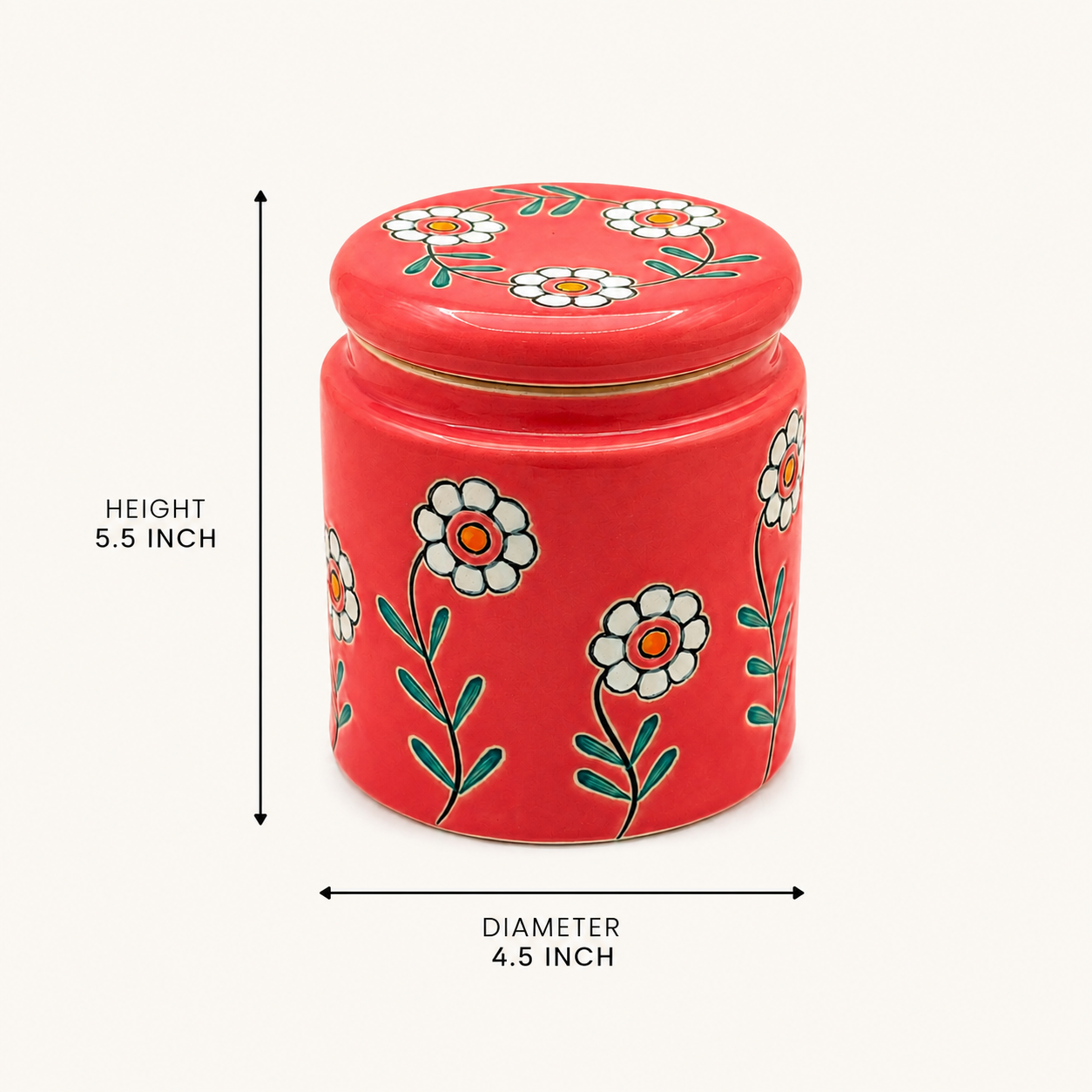 Red Floral Ceramic Storage Jar with Lid | Decorative Kitchen Container for Tea, Coffee, Sugar & Dry Snacks