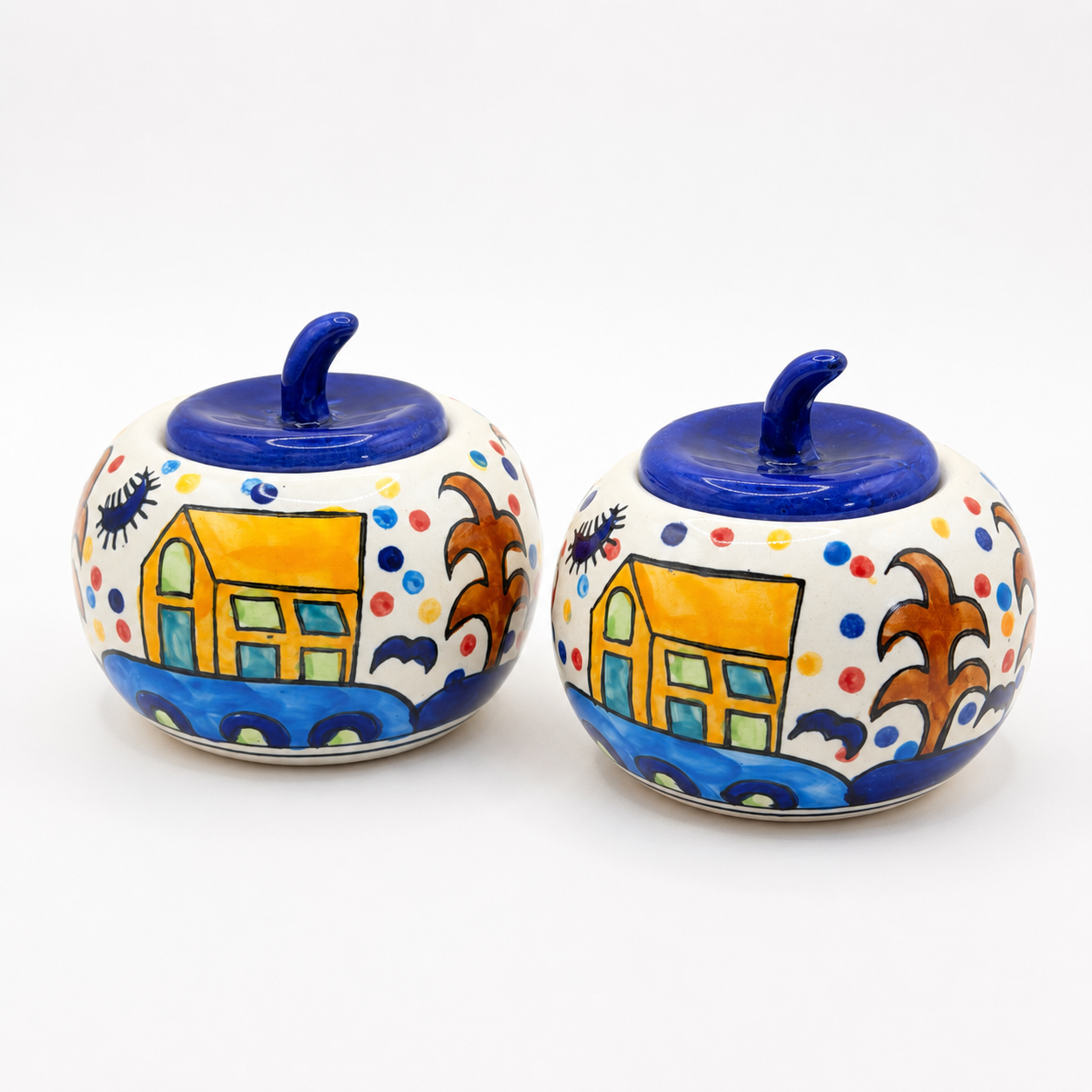 Handcrafted Ceramic Apple Jar Set of 2 – Multicolor Hand-Painted Design with Lid | Decorative Kitchen Storage