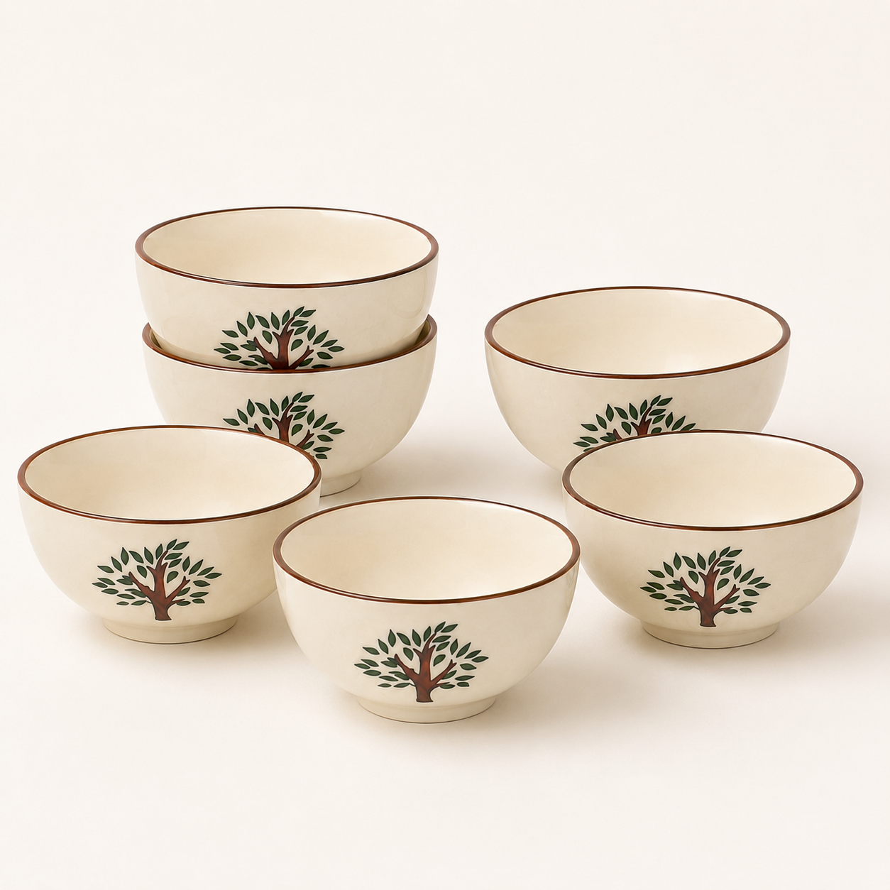 Hand-Painted Tree Design Ceramic Bowls Set of 6 | 3-Inch Small Serving Bowls for Chutney, Dips, Snacks & Desserts