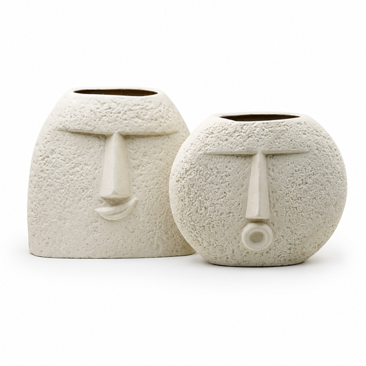 Abstract Face Ceramic Vase Set of 2 – Textured Beige Modern Home Décor Showpieces