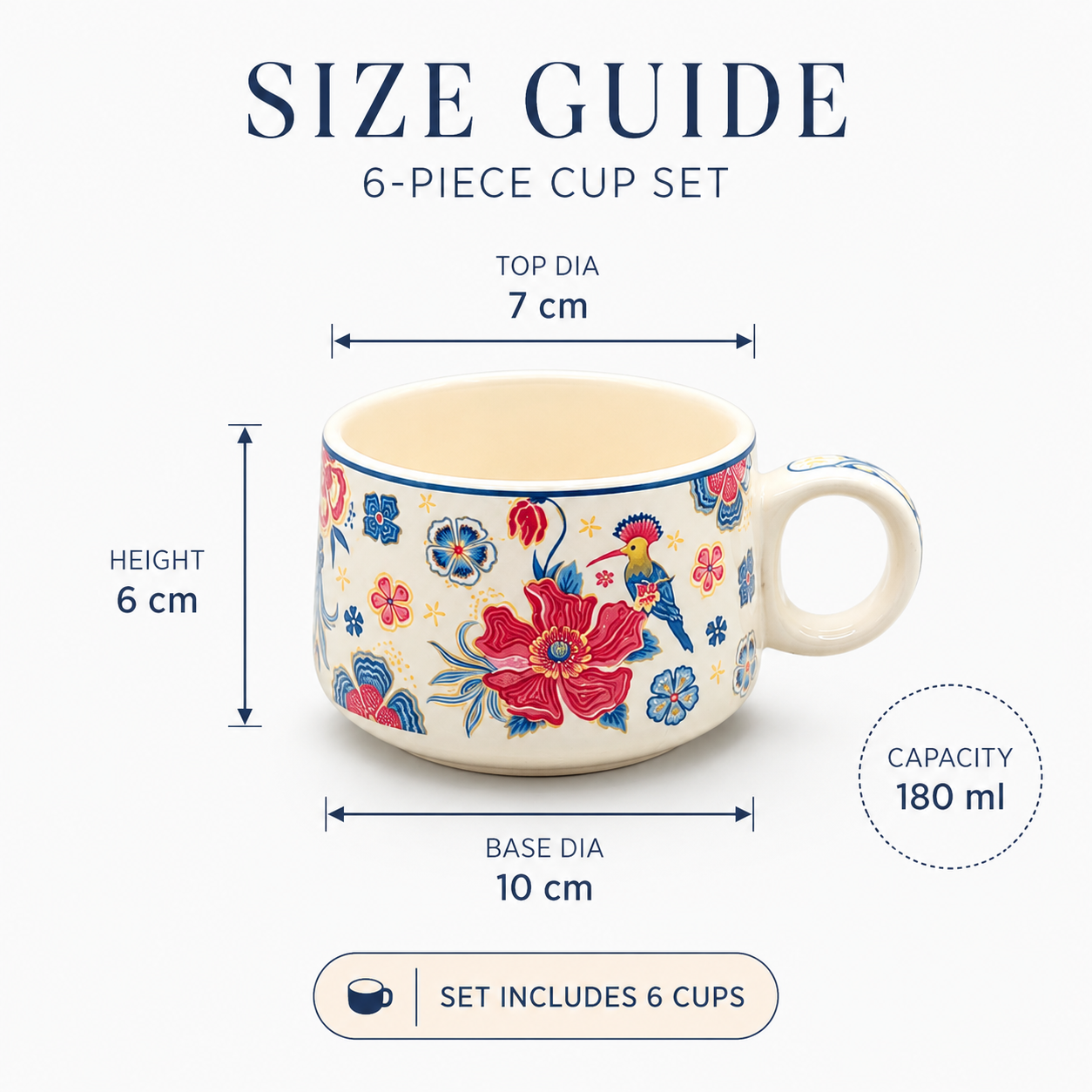 Floral Bird Ceramic Cup Set of 6 | 180 ml Hand-Painted Tea & Coffee Cups | Decorative 6-Piece Cup Set