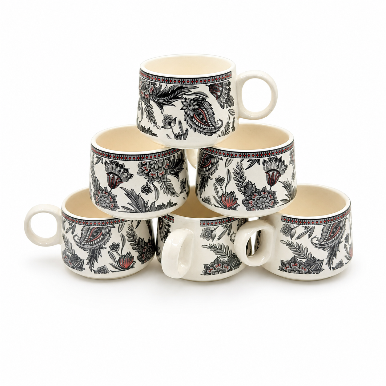 Black Paisley Floral Ceramic Cup Set of 6 | 180 ml Designer Tea & Coffee Cups | Decorative 6-Piece Cup Set