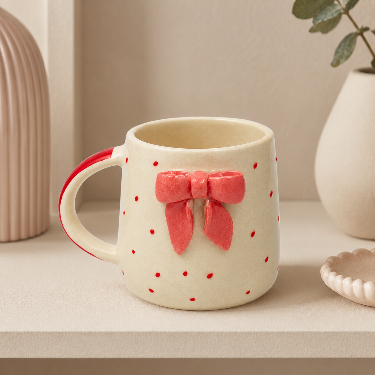 Handcrafted Ceramic Bow Mug – Ivory Beige & Coral Red Polka Dot Coffee Mug