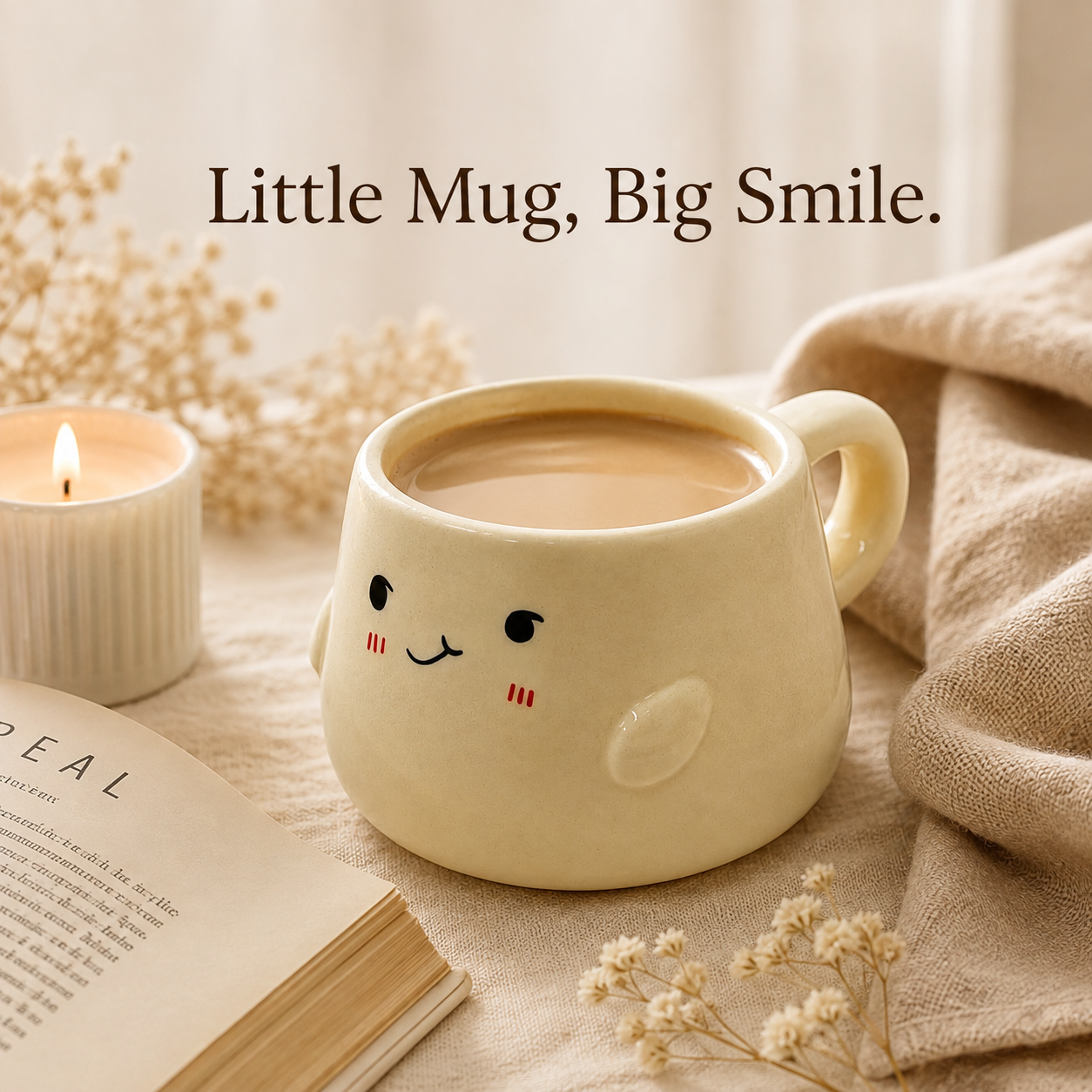 Cute Kawaii Face Ceramic Coffee Mug | Cream Cartoon Tea Cup with Handle