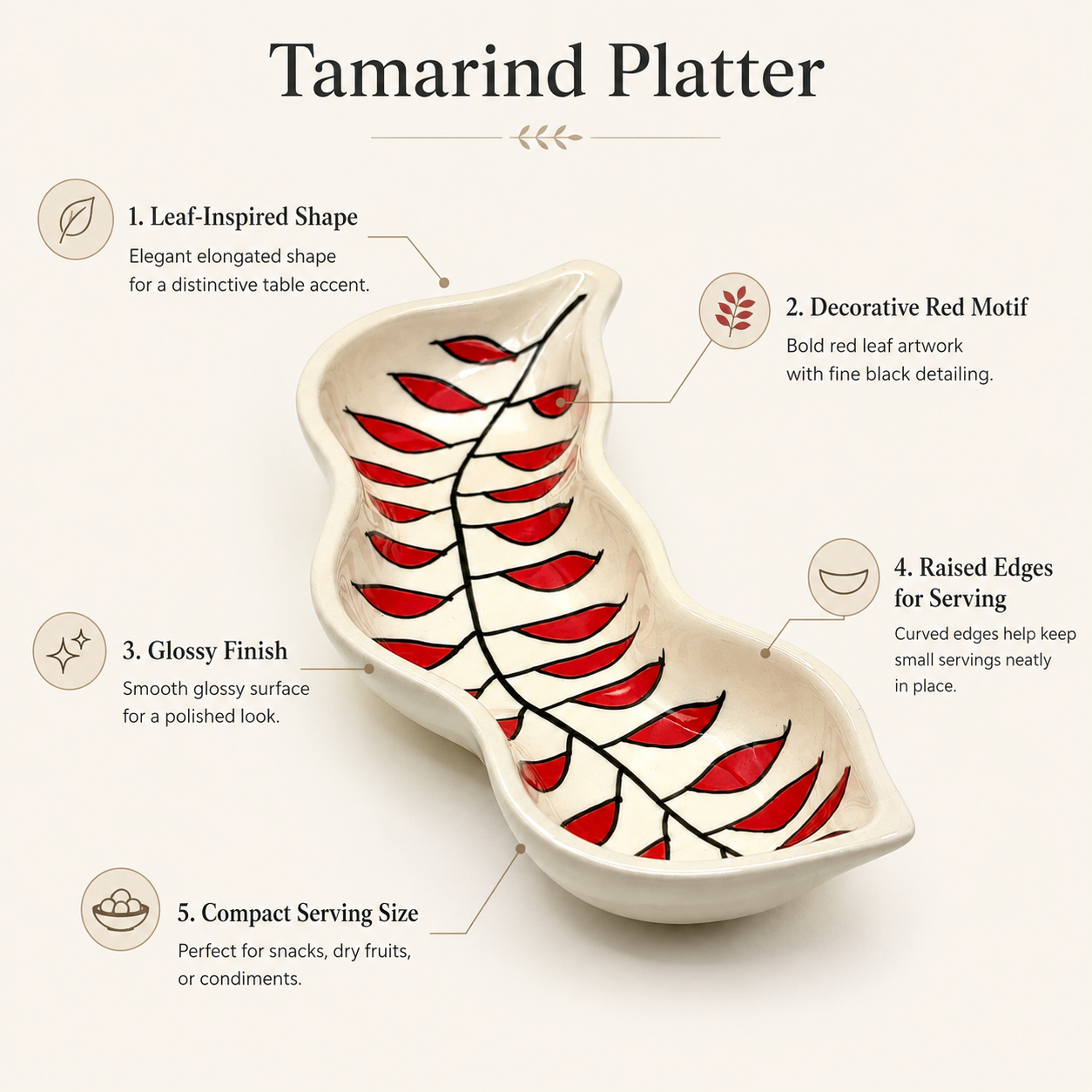 Red Leaf Tamarind Shaped Ceramic Serving Platter | Hand-Painted Snack & Appetizer Dish