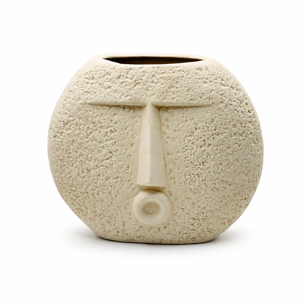 Abstract Face Ceramic Vase – Round Textured Beige Decorative Planter | 7 Inch