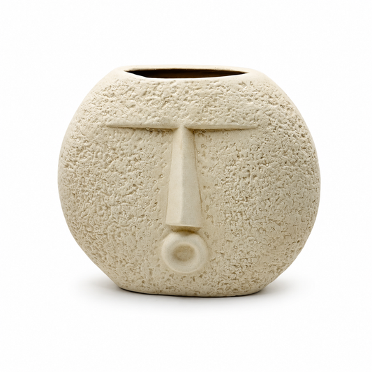 Abstract Face Ceramic Vase – Round Textured Beige Decorative Planter | 7 Inch