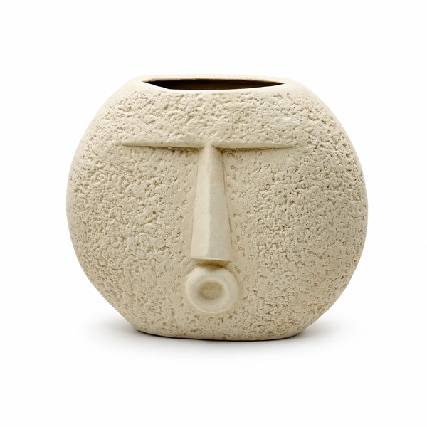 Abstract Face Ceramic Vase – Round Textured Beige Decorative Planter | 7 Inch