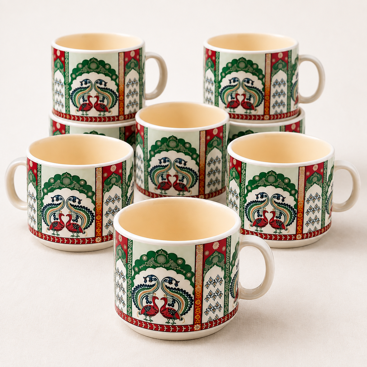 Traditional Peacock Design Ceramic Cup Set of 6 | Designer Tea & Coffee Cups | Ethnic Printed 6-Piece Cup Set