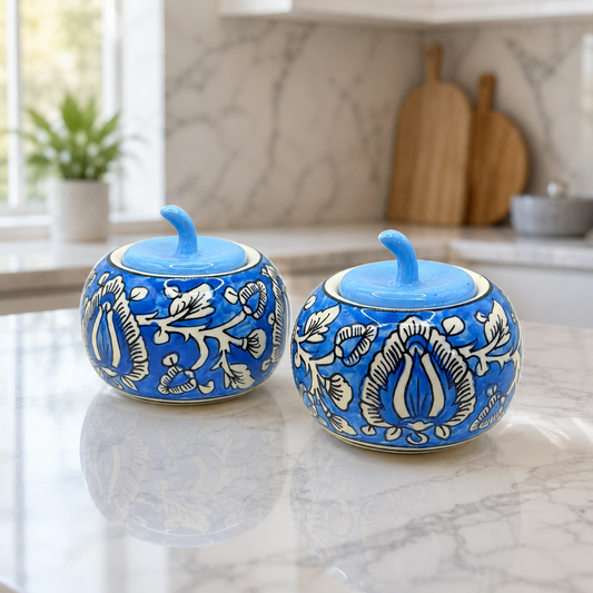 Handcrafted Ceramic Apple Jar Set of 2 – Royal Blue Floral Design with Lid | Decorative Storage Jar