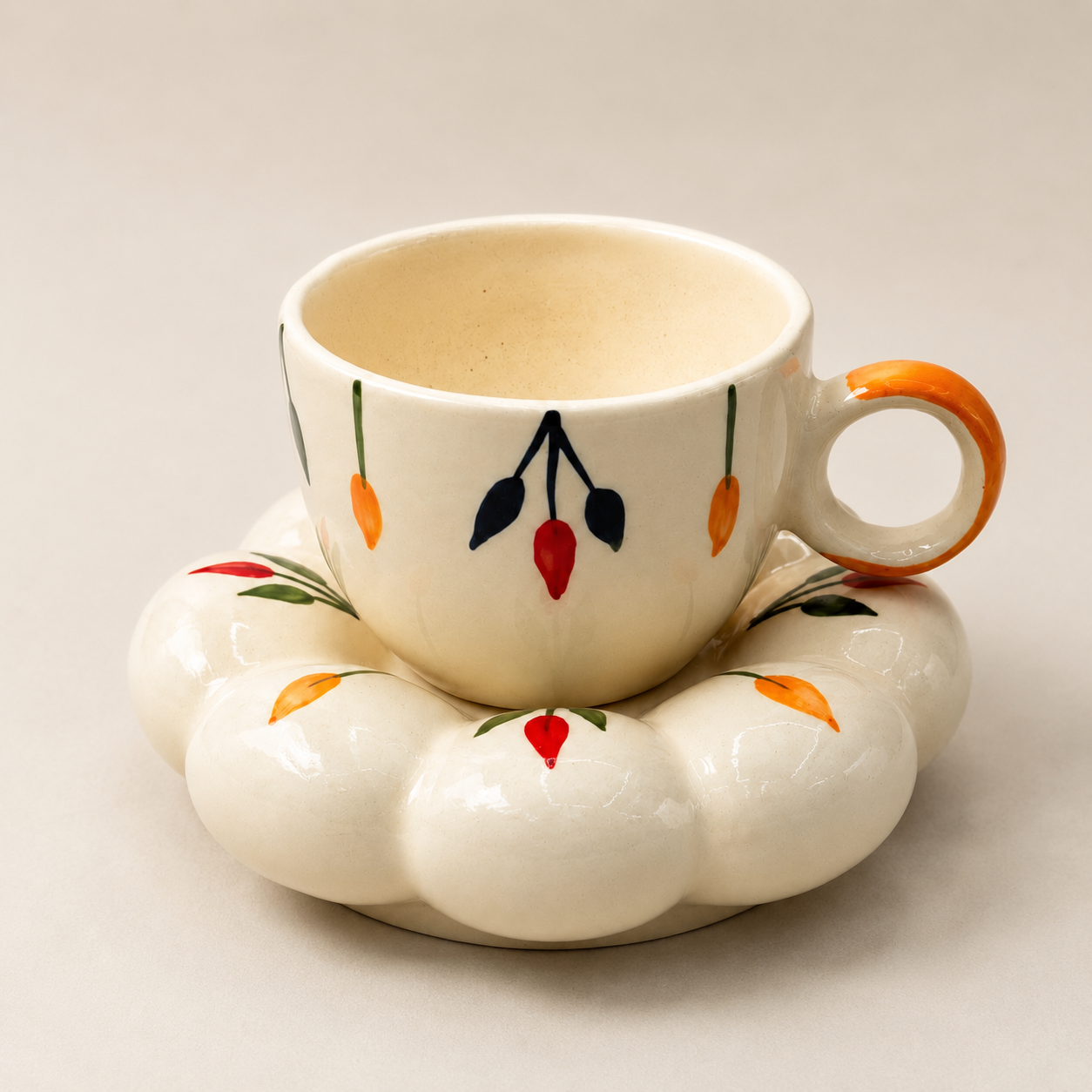 Floral Ceramic Cup & Saucer Set | Aesthetic Flower-Shaped Tea & Coffee Cup with 5.5-Inch Saucer