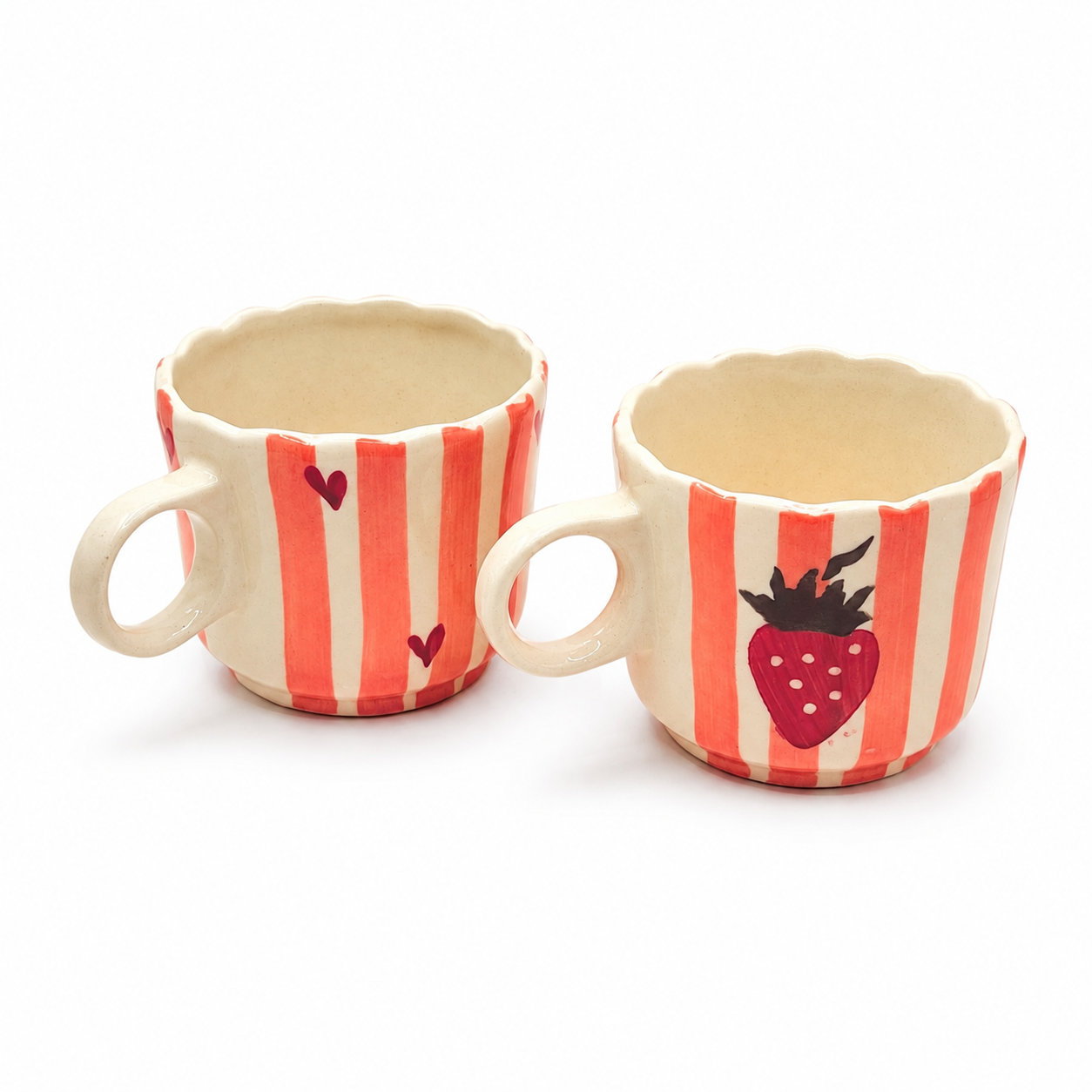 Strawberry Striped Ceramic Mug Set of 2 | Cute Hand-Painted Coffee & Tea Cups | Aesthetic Designer Mugs