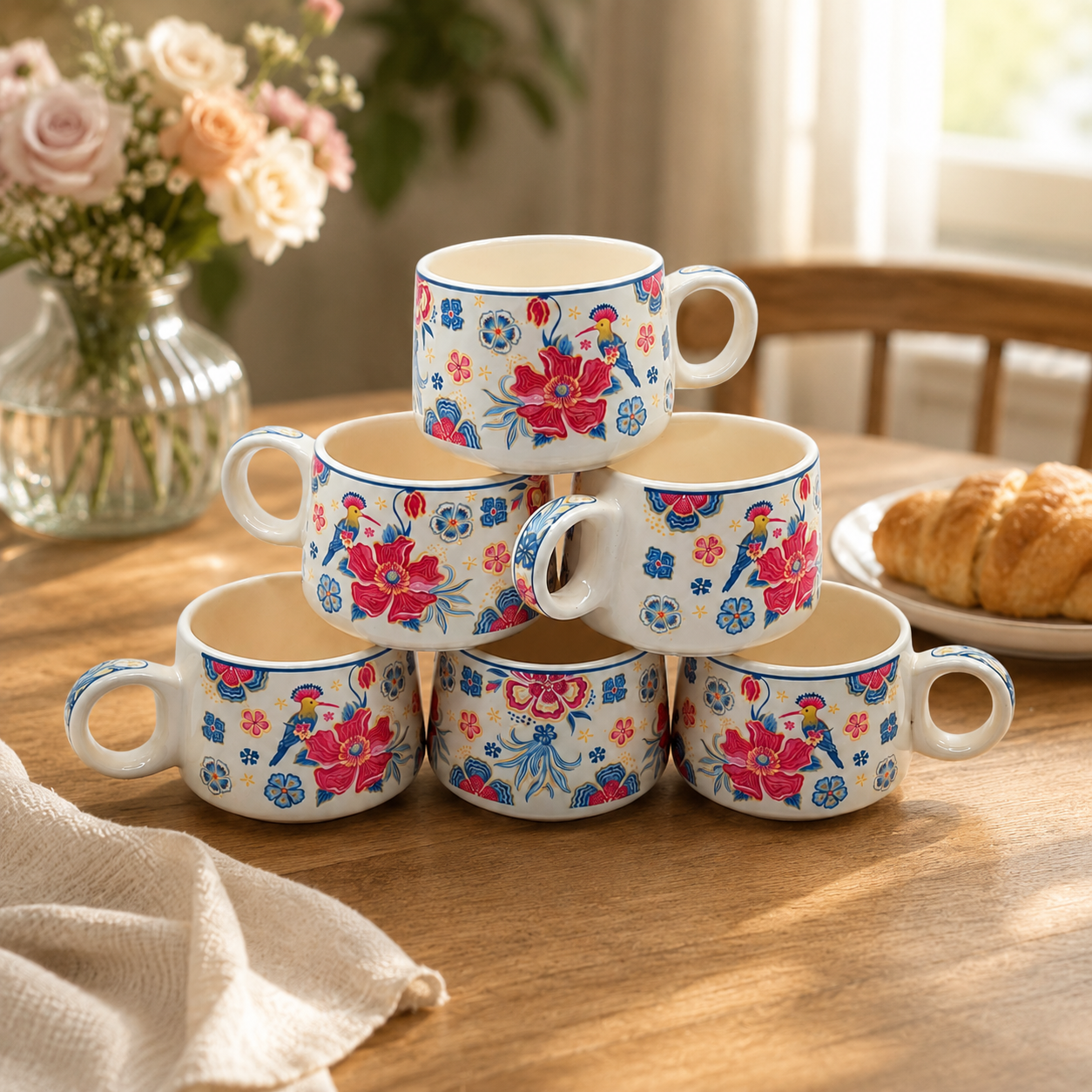 Floral Bird Ceramic Cup Set of 6 | 180 ml Hand-Painted Tea & Coffee Cups | Decorative 6-Piece Cup Set