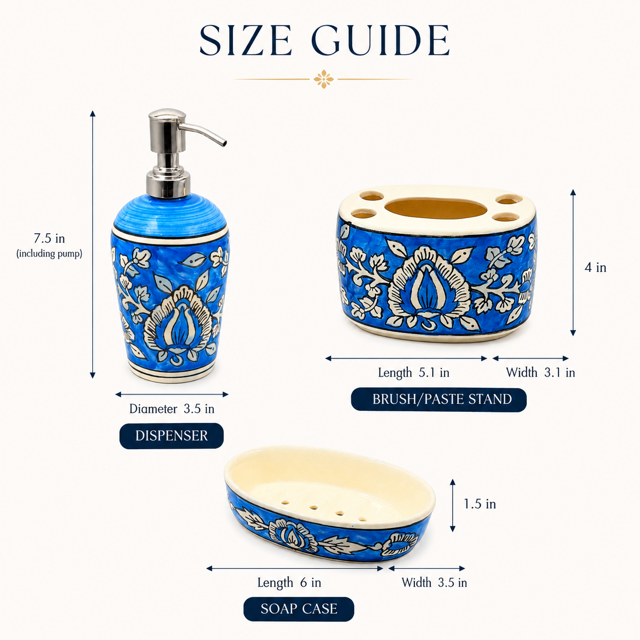 Blue Ceramic Bathroom Set | 3 Piece Bathroom Organizer Set with Dispenser