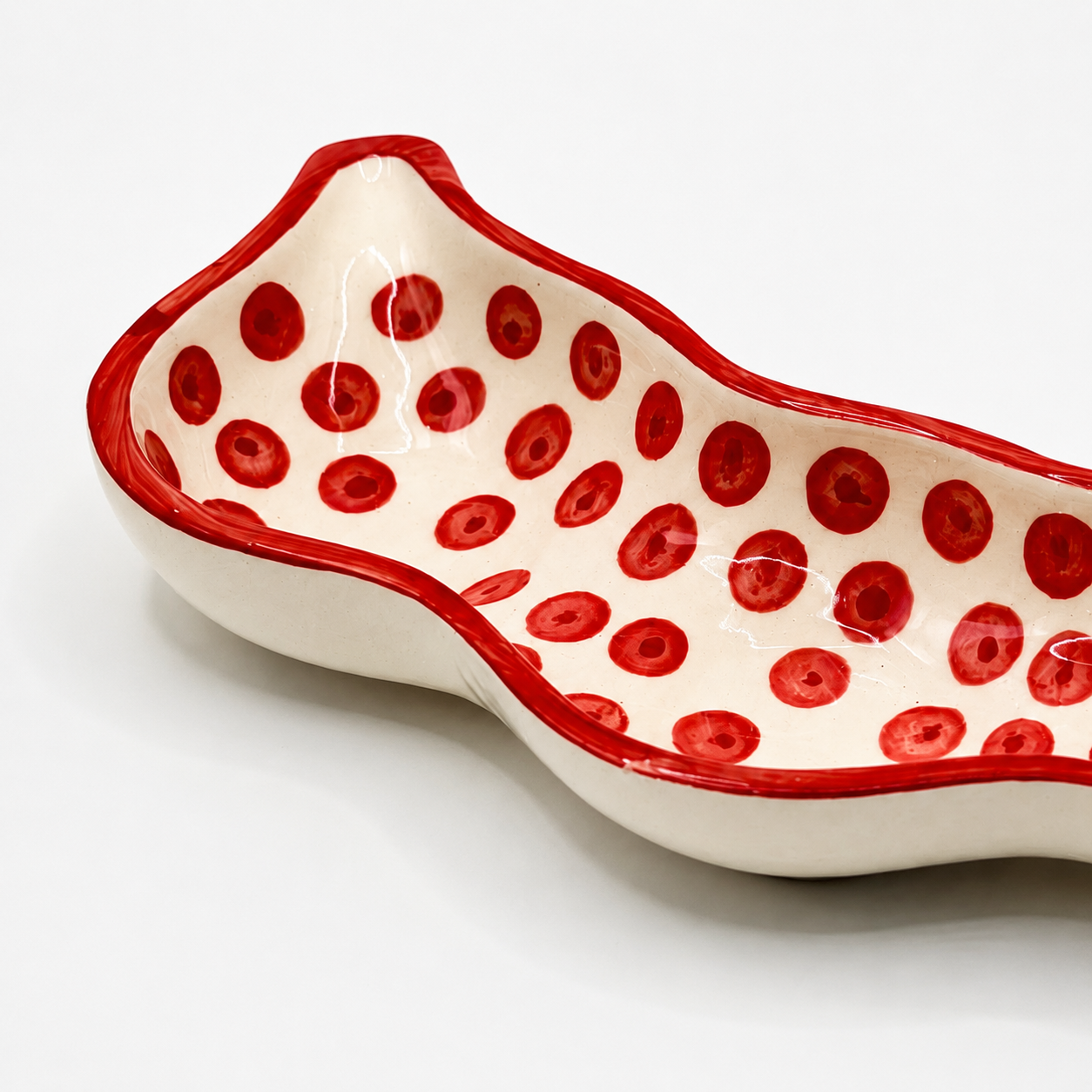 Red Polka Dot Ceramic Serving Platter | Wavy Snack, Appetizer & Dry Fruit Dish