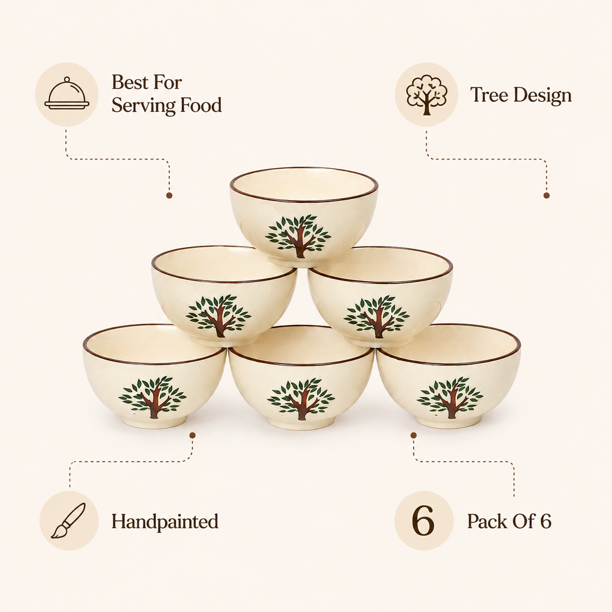 Hand-Painted Tree Design Ceramic Bowls Set of 6 | 3-Inch Small Serving Bowls for Chutney, Dips, Snacks & Desserts