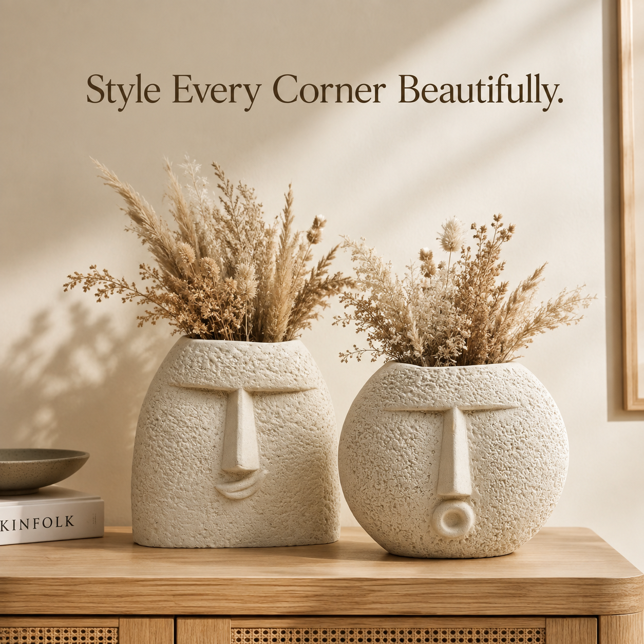 Abstract Face Ceramic Vase Set of 2 – Textured Beige Modern Home Décor Showpieces