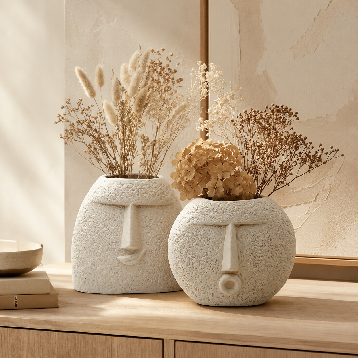 Abstract Face Ceramic Vase Set of 2 – Textured Beige Modern Home Décor Showpieces