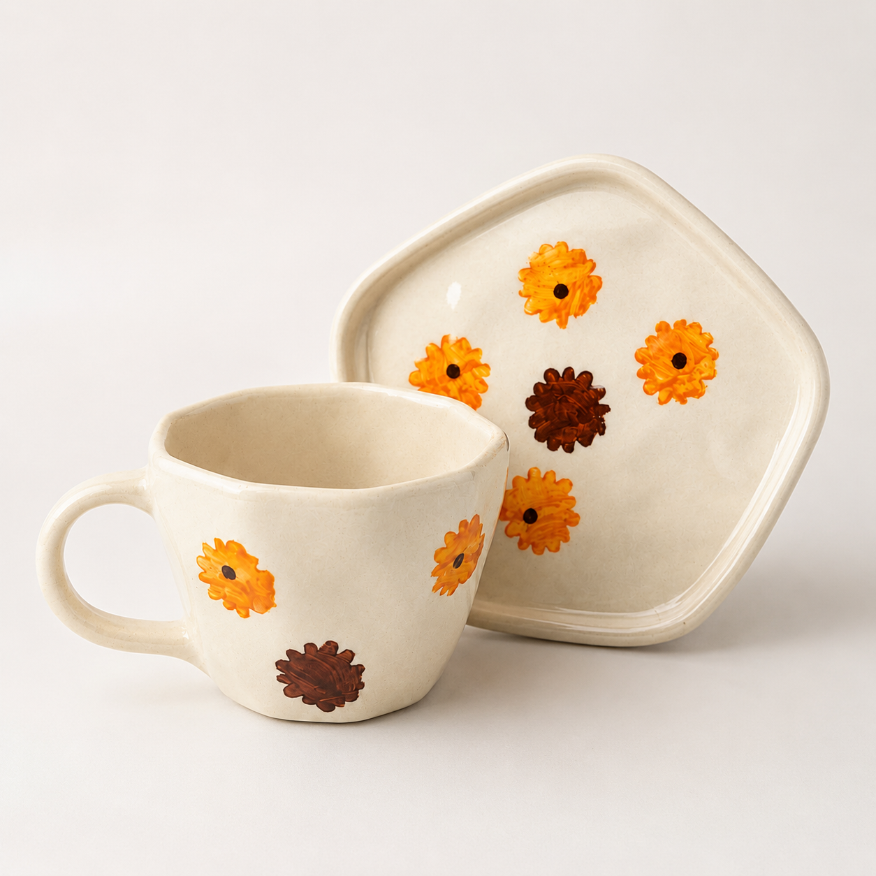 Orange Floral Ceramic Cup & Saucer Set | Aesthetic Flower Tea & Coffee Cup with Geometric Saucer