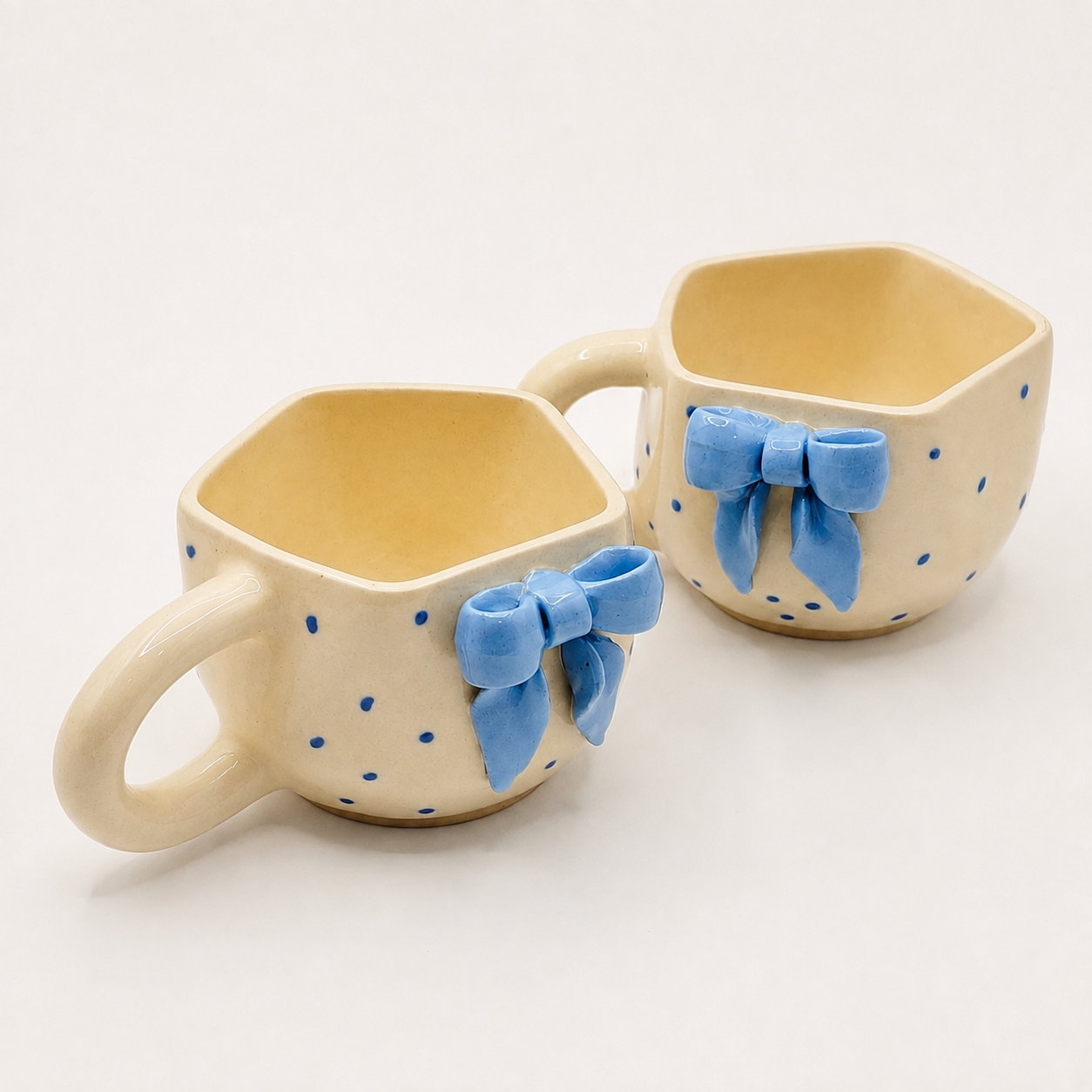 Blue Bow Ceramic Mug Set of 2 | Aesthetic Polka Dot Coffee & Tea Cups | Cute Designer Mugs