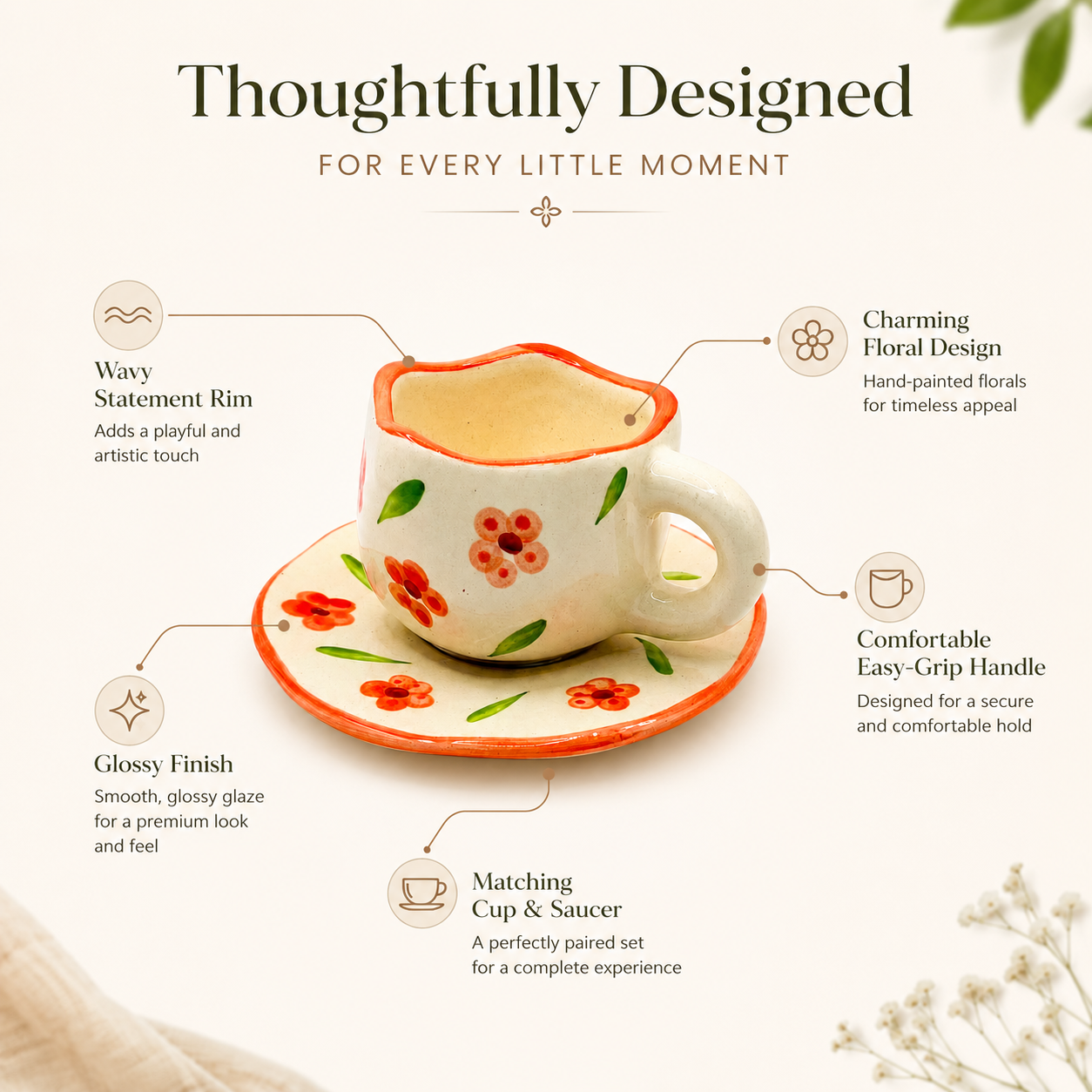 Hand-Painted Orange Floral Ceramic Cup & Saucer Set | Artistic Tea & Coffee Cup