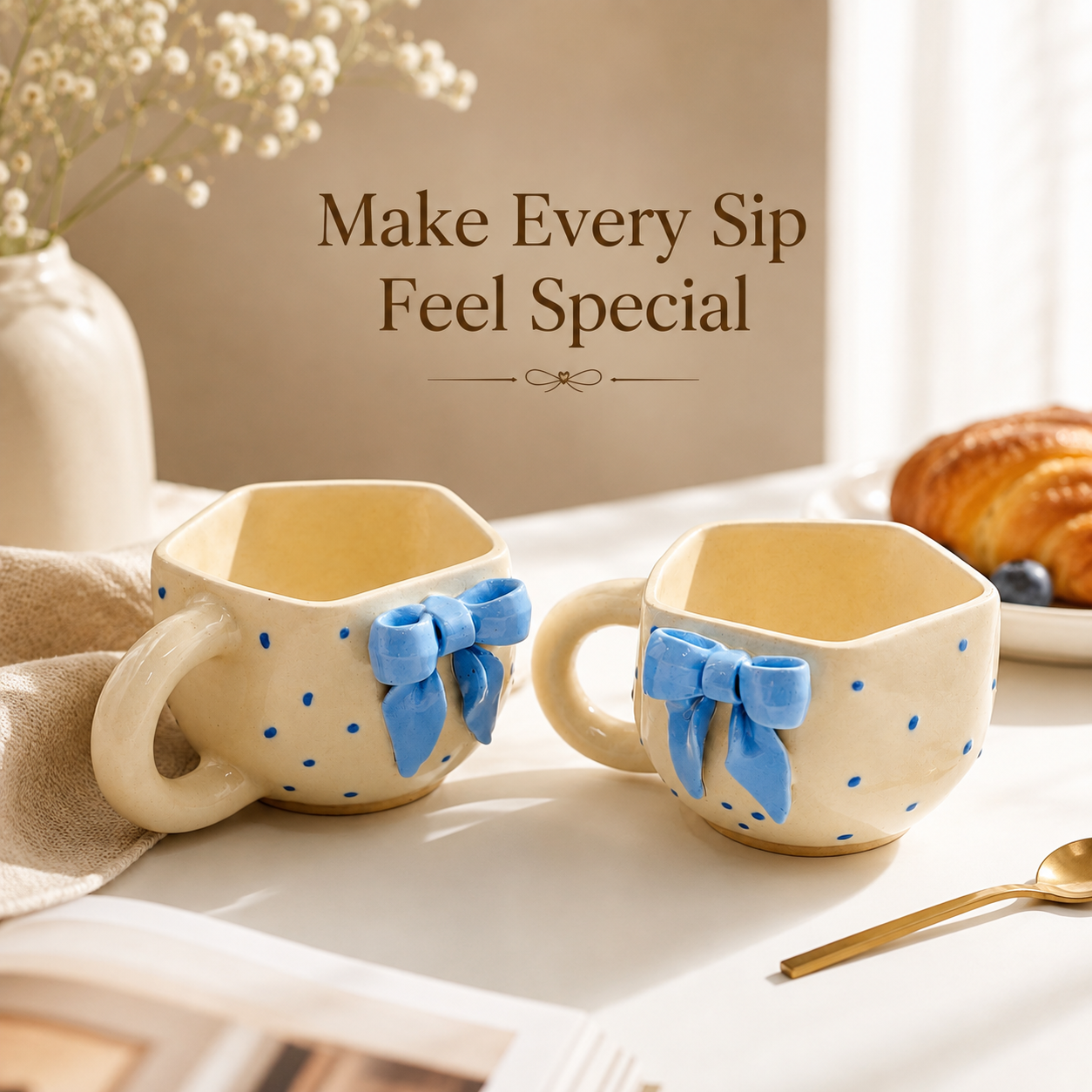 Blue Bow Ceramic Mug Set of 2 | Aesthetic Polka Dot Coffee & Tea Cups | Cute Designer Mugs