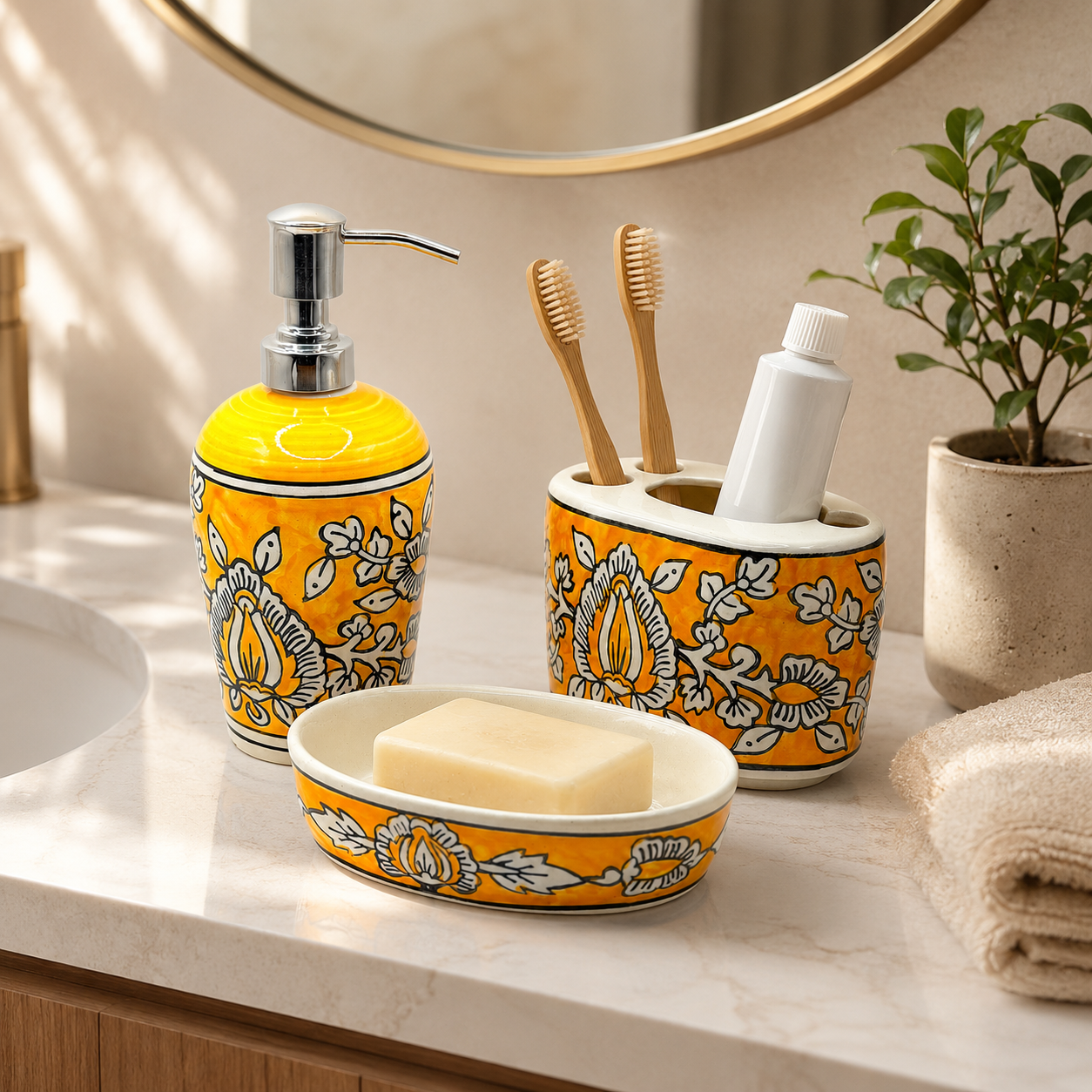 Yellow Ceramic Bathroom Set with Soap Dispenser | 3 Piece Floral Bath Accessory Set