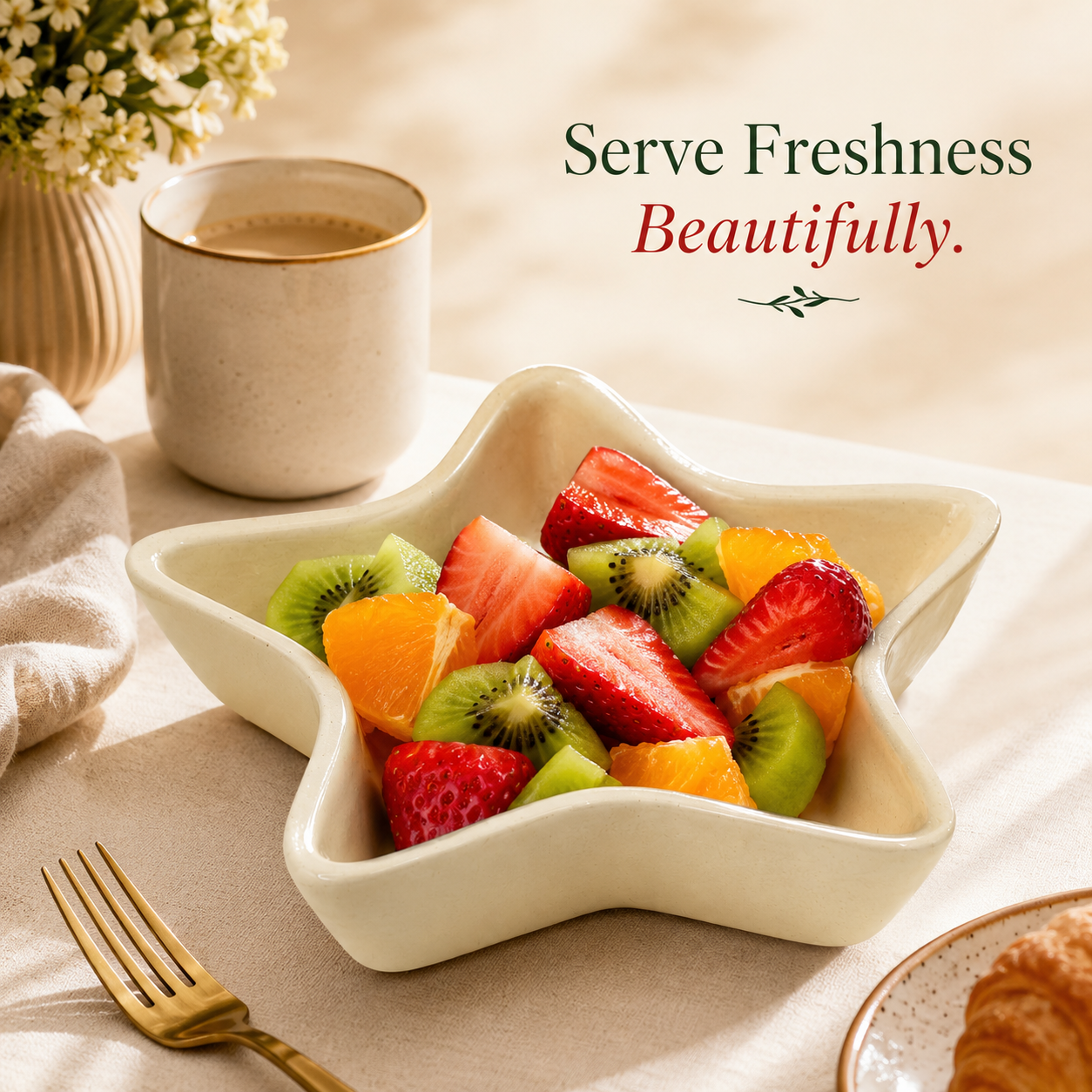 Floral Star Shaped Ceramic Bowl | Red Flower Decorative Snack & Serving Bowl