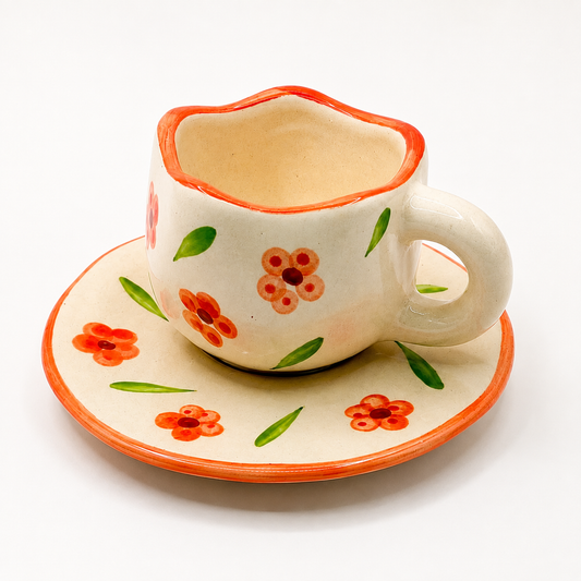 Hand-Painted Orange Floral Ceramic Cup & Saucer Set | Artistic Tea & Coffee Cup