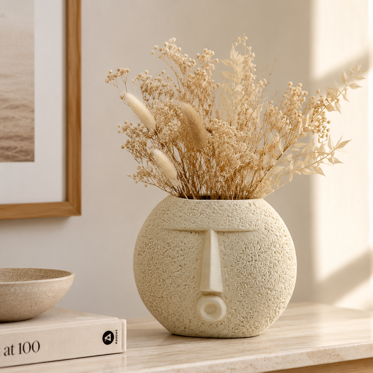 Abstract Face Ceramic Vase – Round Textured Beige Decorative Planter | 7 Inch