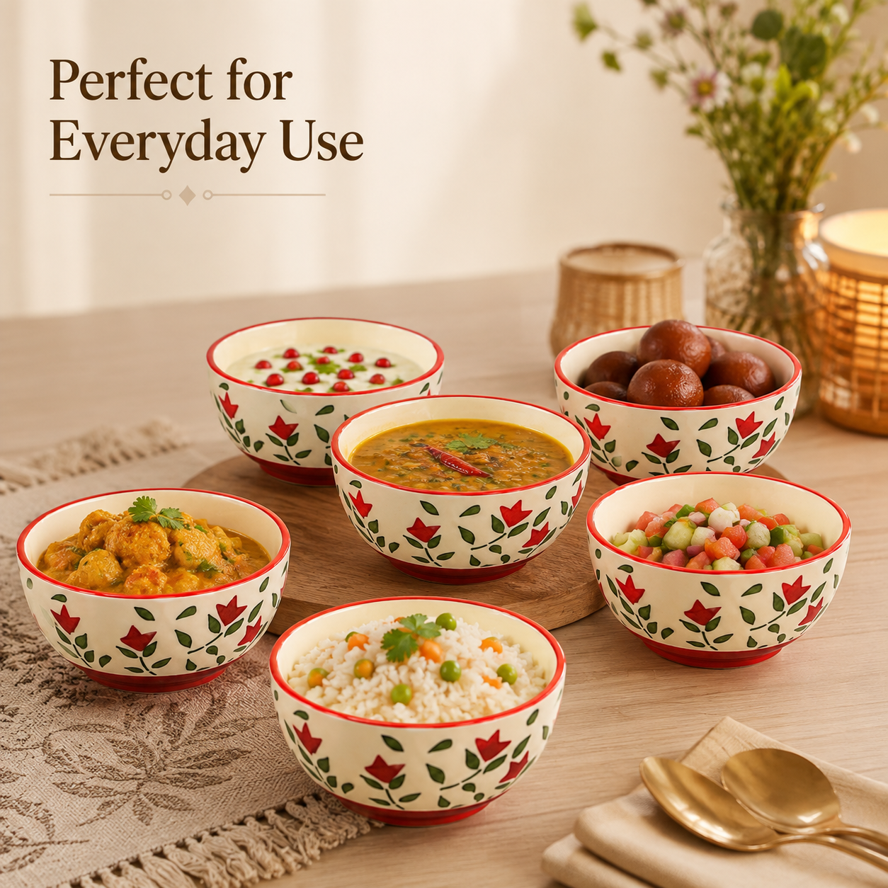 Hand-Painted Floral Ceramic Bowls Set of 6 | 3-Inch Small Serving Bowls for Chutney, Dips, Snacks & Desserts