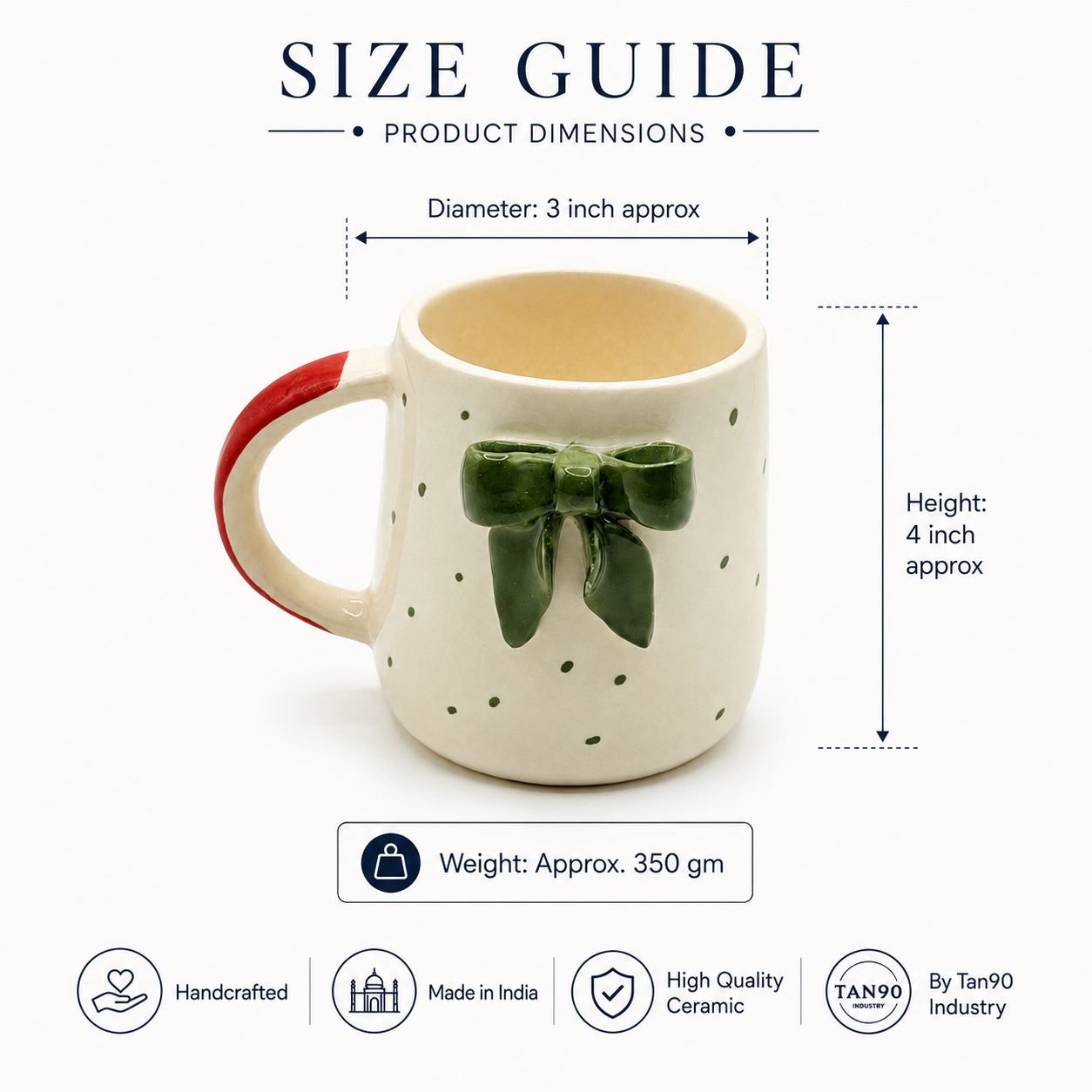 Handcrafted Ceramic Bow Mug – Ivory Beige & Olive Green with Red Handle, Cute Coffee Mug