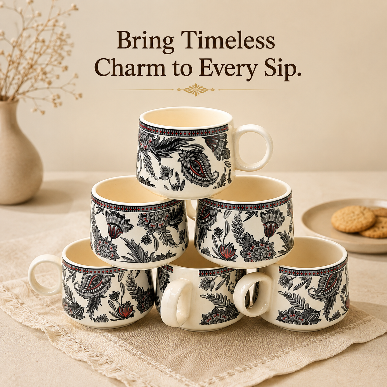 Black Paisley Floral Ceramic Cup Set of 6 | 180 ml Designer Tea & Coffee Cups | Decorative 6-Piece Cup Set