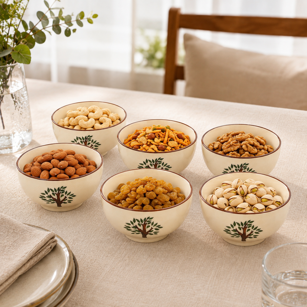 Hand-Painted Tree Design Ceramic Bowls Set of 6 | 3-Inch Small Serving Bowls for Chutney, Dips, Snacks & Desserts