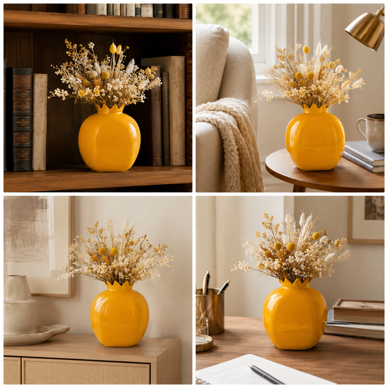 Mustard Yellow Pomegranate Ceramic Flower Vase | Aesthetic Home Decor Vase