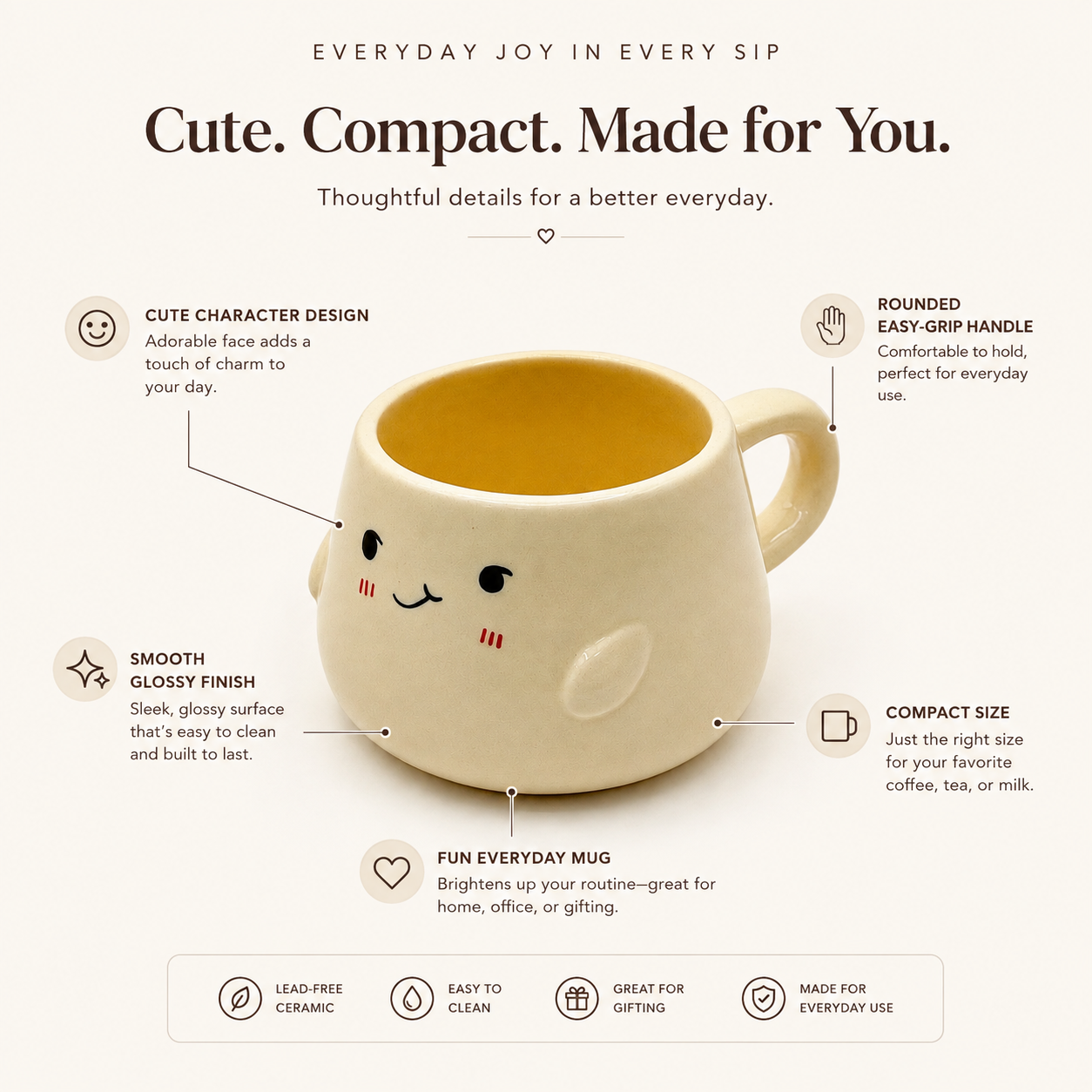 Cute Kawaii Face Ceramic Coffee Mug | Cream Cartoon Tea Cup with Handle