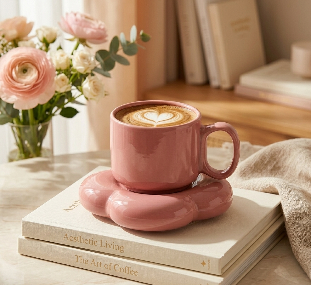Pastel Pink Ceramic Cup & Saucer Set | Aesthetic Coffee Mug | Minimalist Tea Set | Cute Drinkware