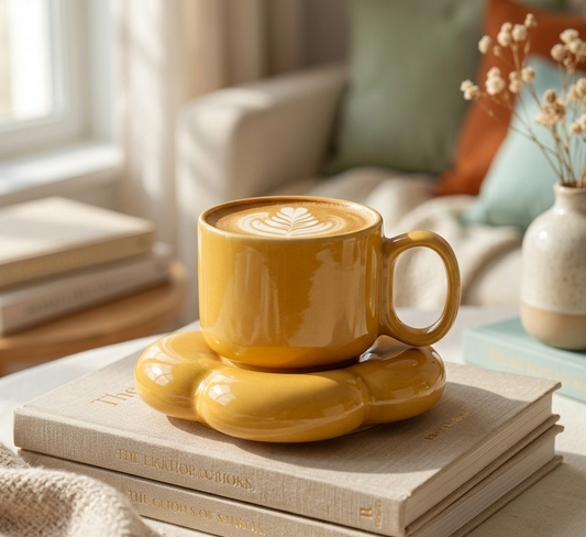Mustard Yellow Ceramic Cup & Saucer Set | Aesthetic Coffee Mug | Minimalist Tea Set | Premium Drinkware