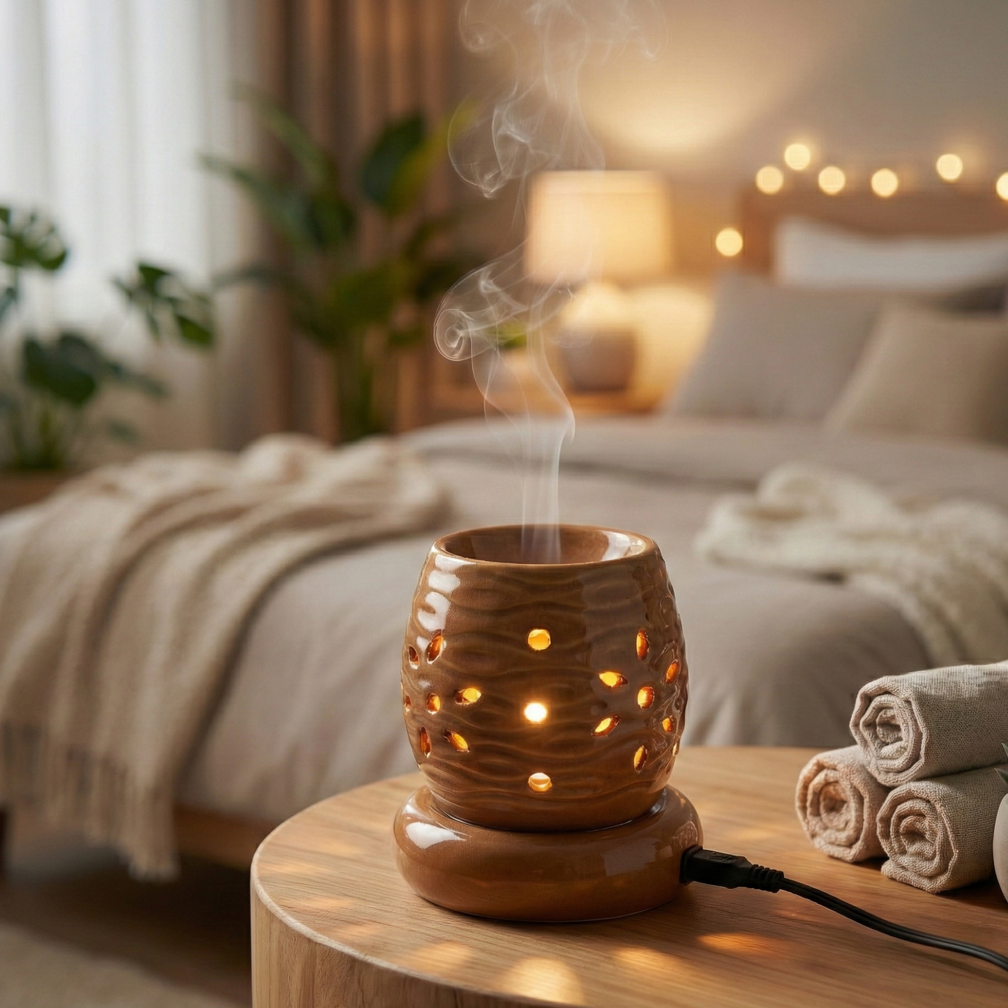 diffuser emitting steam on a wooden table in a cozy bedroom setting.