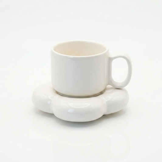 Pastel White Ceramic Cup & Saucer Set | Aesthetic Coffee Mug | Minimalist Tea Set | Elegant Drinkware