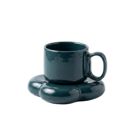 Dark Teal Ceramic Cup & Saucer Set | Aesthetic Coffee Mug | Minimalist Tea Set | Premium Drinkware