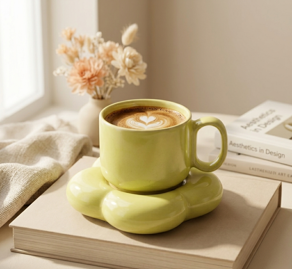 Pastel Yellow Ceramic Cup & Saucer Set | Aesthetic Coffee Mug | Minimalist Tea Set