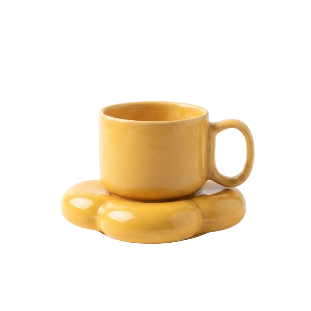 Mustard Yellow Ceramic Cup & Saucer Set | Aesthetic Coffee Mug | Minimalist Tea Set | Premium Drinkware
